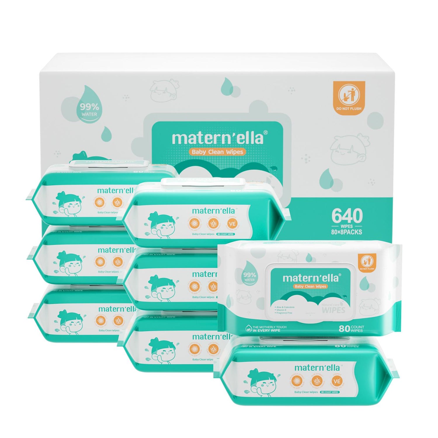 Matern'ella Baby Wipes,8 Packs of 80 7.9 x 5.7 IN